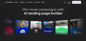 Screenshot of the Landingi homepage, one of the landing page builders compared in this guide, showing its "AI landing page builder" tagline and example client landing pages