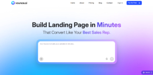Screenshot of the Vounce.ai homepage with the headline "Build Landing Page in Minutes That Convert Like Your Best Sales Rep" and an AI chat-style input for building a website