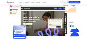 Screenshot of the Unbounce product interface showing an A/B test comparison, an AI page-builder assistant panel, and a landing page editor with brand design settings