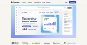 Screenshot of the Instapage editor showing a "Finova" finance landing page with AI headline suggestions in a side panel, and client logos including HelloFresh, Zendesk, Vimeo, and Gartner below