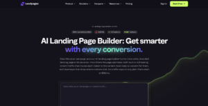 Screenshot of the Leadpages homepage showing the headline "AI Landing Page Builder: Get smarter with every conversion," a campaign description input box, and trust badges for G2, Capterra, and leads served