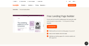 Screenshot of HubSpot's Free Landing Page Builder page, showing a sample landing page editor and a feature list for building pages and converting visitors into leads