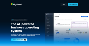 Screenshot of the GoHighLevel homepage with the headline "The AI-powered business operating system," alongside a dashboard showing reputation management, review analytics, and CRM navigation